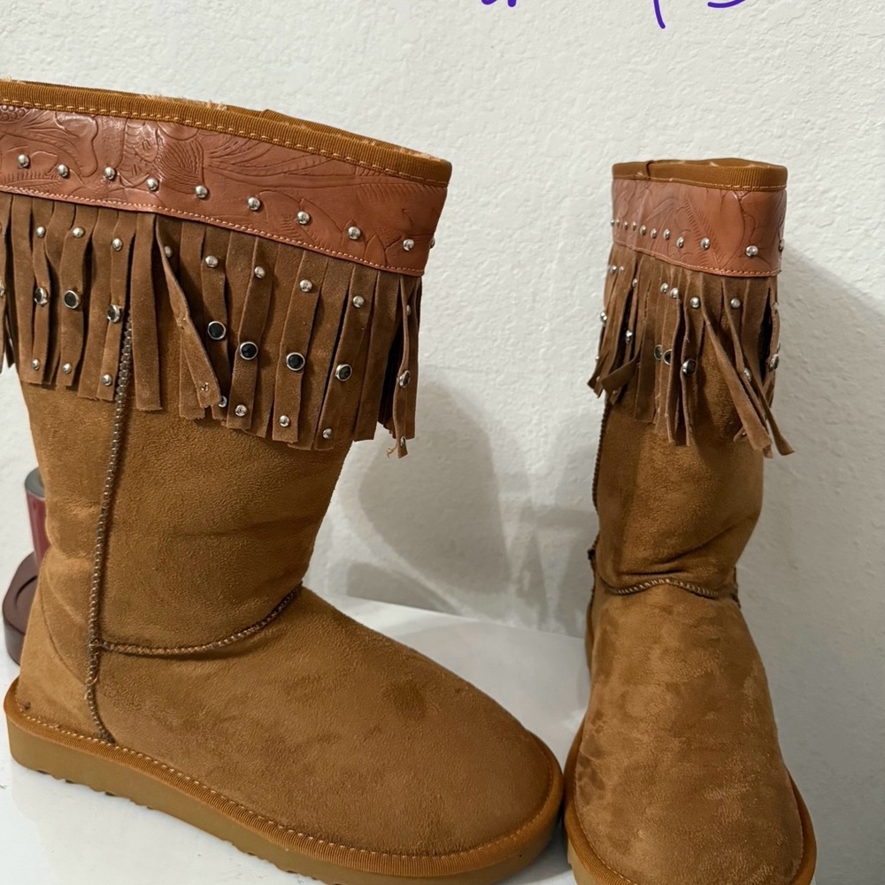 Fringe Suede Boots with Studded Trim